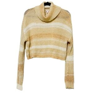 GB Cozy Rib Knit Neutral Beige Tan Striped Cowl Neck Cropped Sweater Women’s L